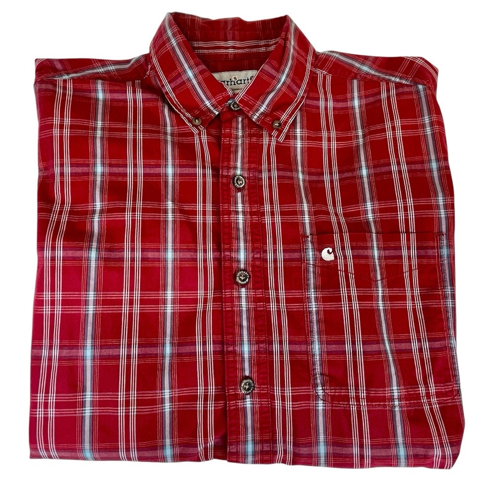 Carhartt Relaxed Fit Button Down Short Sleeve Shirt Men Sz L Plaid Western Work